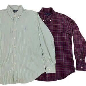 Lot of 2 Ralph Lauren Mens Large Button Down Shirt Green Stripe & Classic Plaid